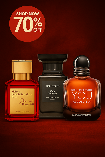 Emporio Armani Stronger With You Absolutely for men 100ml + Tom Ford Oud Wood 100 ML +Baccarat Rouge 540 Extrait de Parfum Maison Francis Kurkdjian for women and men 70ML +